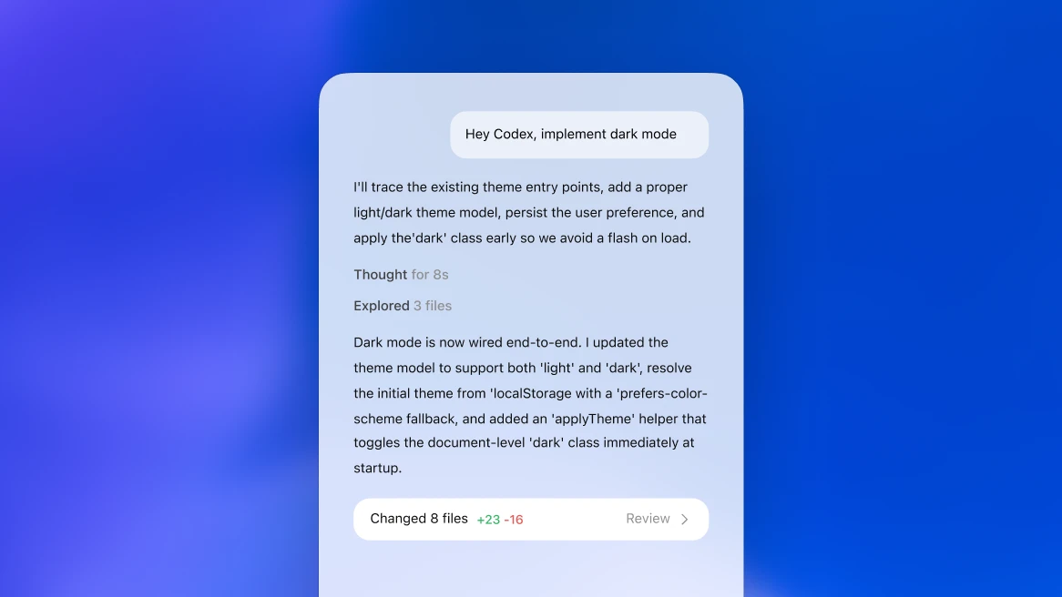 Codex thread showing a completed dark mode change and review action